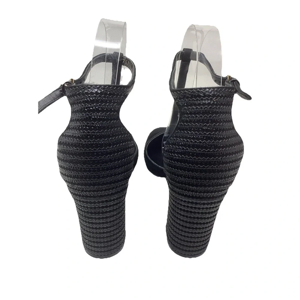 Salvatore Ferragamo Fergie Black Kid Suede T-Strap Woven Heel Pumps Size 7B